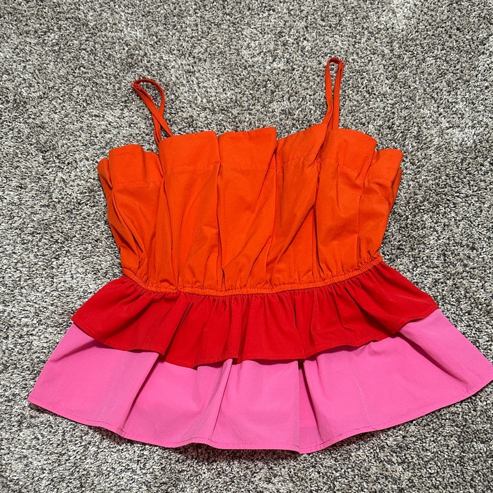 TCEC Orange, Red, and Pink Layered Ruffle Tank Top